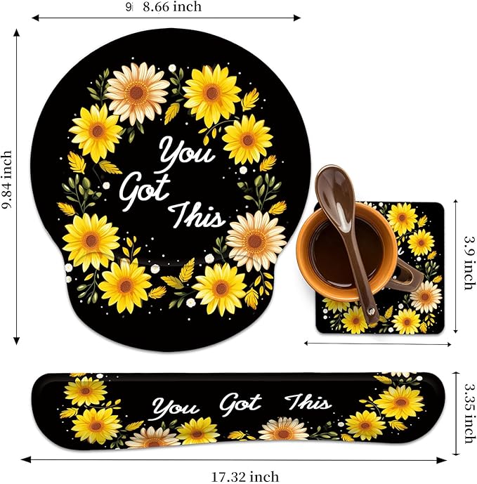 Keyboard Wrist Rest and Mouse Wrist Rest Pad with Cup CoasterMade of Memory FoamErgonomic SupportEasy-Typing and Pain Relieffor Gaming Office Home ComputerYou Got This Sunflower