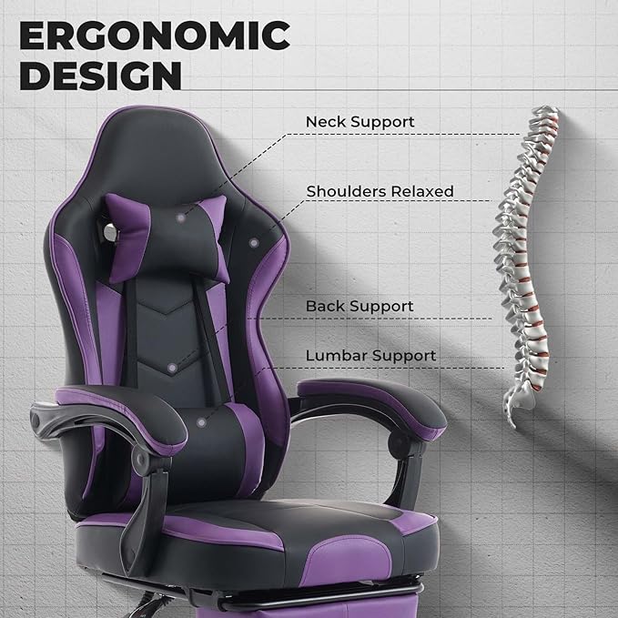 Purple Gaming Chair High Back Ergonomic PU Computer Chair with Massage Lumbar Support &amp Retractable Footrest Height Adjustable Racing Style Office Chairs for Adults (Purple+Black)