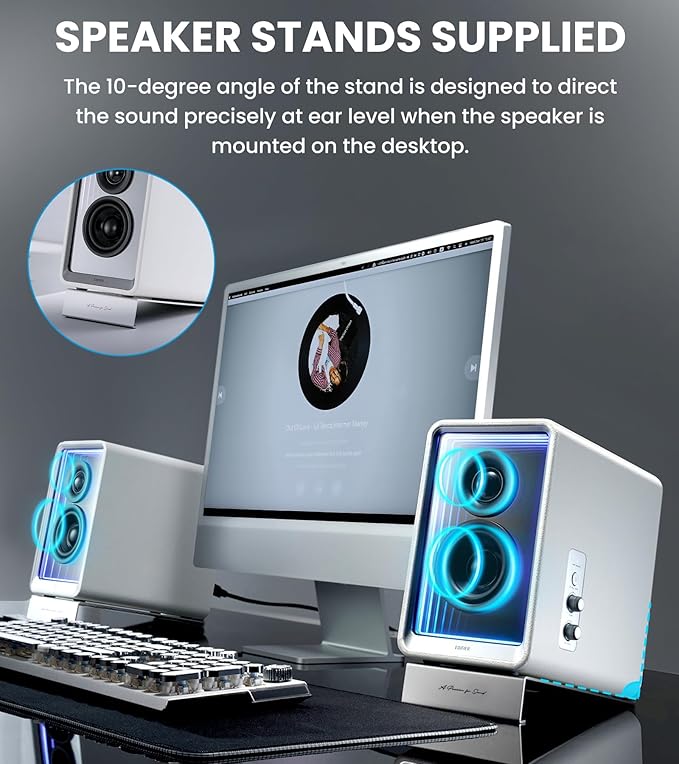 Edifier QR65 Desktop Active Monitor with 2.75 Long-Throw Aluminum Diaphragm mid-Low Drivers Hi-Res Audio Brilliant Light Effects 70W Output Power Bluetooth Speakers with Stands - White (Renewed)