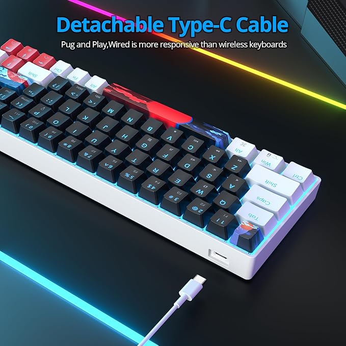 Protable 60% Percent Gaming Keyboard Mechanical Mini Compact Ice-Blue LED Backlit 68 Keys Wired Office Keyboard with Red Switch for Mac/Win/PS4/PS5(68Black/red Switch)