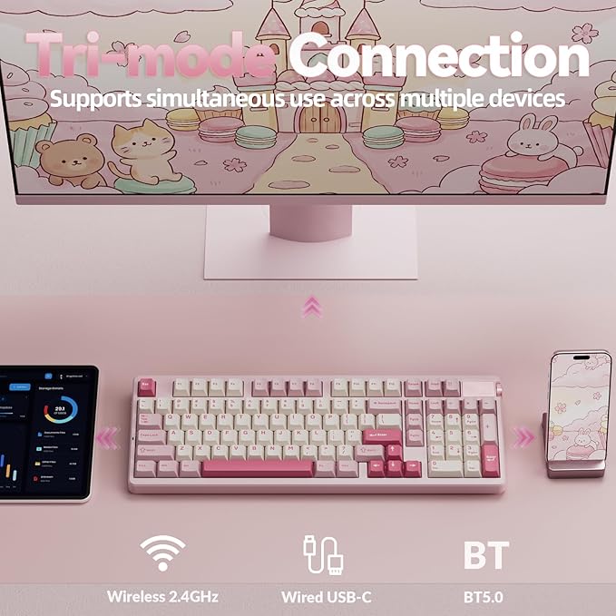 LEOBOG A98 Wireless Mechanical Keyboard Tri-Mode BT5.0/2.4GHz/USB-C Creamy Keyboard with Number Pad Gasket Structure Hot Swappable PBT Keycaps RGB Backlit Pink Gaming Keyboard with Knob for PC