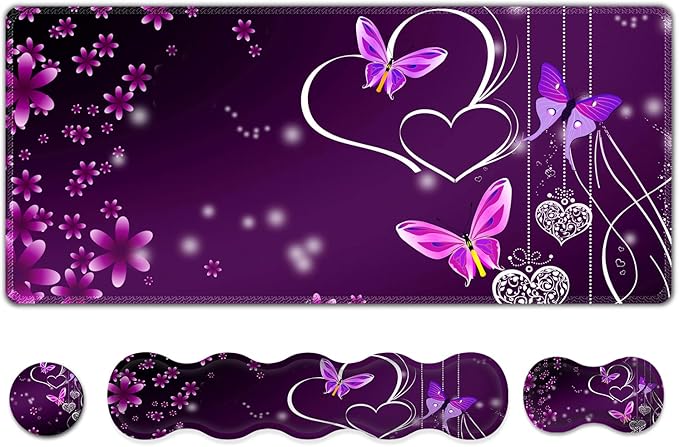 Upgraded Extended Gaming Mouse Pad Keyboard Wrist Rest Pad Wrist Support Mousepad Set Artso Large Rubber Base Stitched Edges Multifunctional Desk Pad (35 x15.5 in) Purple Heart Butterfly