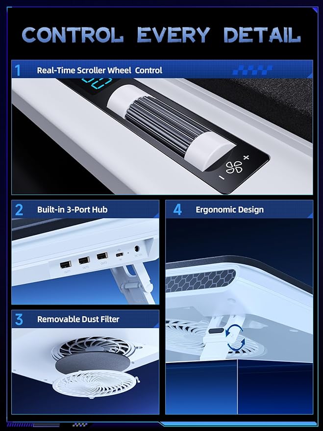 llano Laptop Cooling Pad Gaming Laptop Cooler with Powerful Turbo Cooling Fan(5.5inch Diameter) Infinitely Variable Speed Touch Control Sealed Foam for Fast Cooling Laptop 15.6-21in (White)