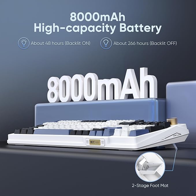 RedThunder K95 Wireless Mechanical Keyboard TFT Screen &amp Knob Tri-Mode BT5.0/2.4GHz/USB-C Hot Swappable Custom Pre-lubed Linear Switches Gasket Structure RGB Gaming Keyboard Snowy White-Blue