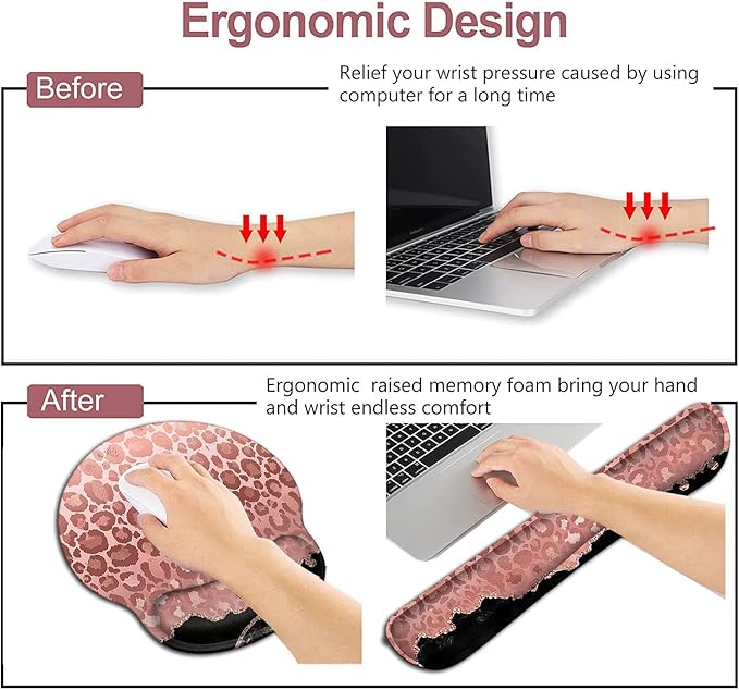Ladies Desktop Mouse Pad with Wristband Soft Memory Foam Keyboard Wrist Rest Ergonomic Mouse Pad Coaster Keyboard Mousepad SetFashion Rose Gold Leopard Pattern and Black Marble Design