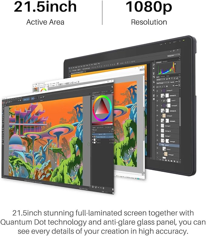 HUION Kamvas 22 Plus QLED Drawing Tablet with Full-Laminated Screen USB-C Connection 140% sRGB 21.5 inch Graphics Art Tablet with Keydial Remote Bluetooth Programmable Keypad for Artist &amp Designe