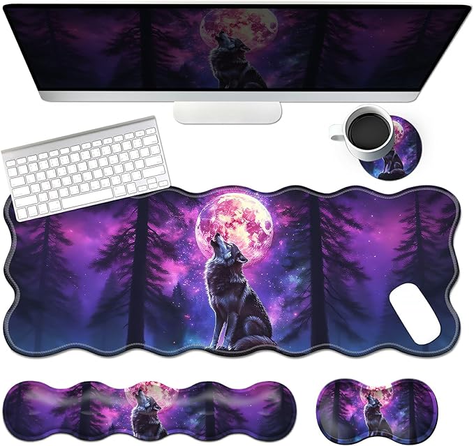 4-Piece XXL Gaming Mouse Pad Set (31.5x11.8) with Keyboard Wrist RestMouse Wrist Support &amp CoasterErgonomic Non-Slip Desk Mat for Office &amp HomeMoon Wolf Howling