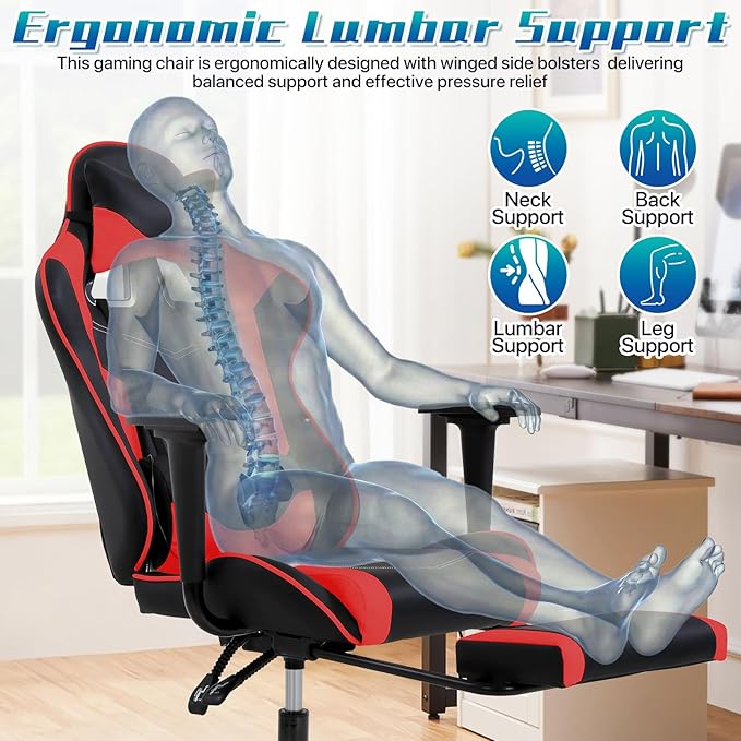 Ergonomic Gaming Chair with Footrest High Back PU Leather Office Desk Chair for Adults Teens Rolling Swivel Computer Chair (Red)
