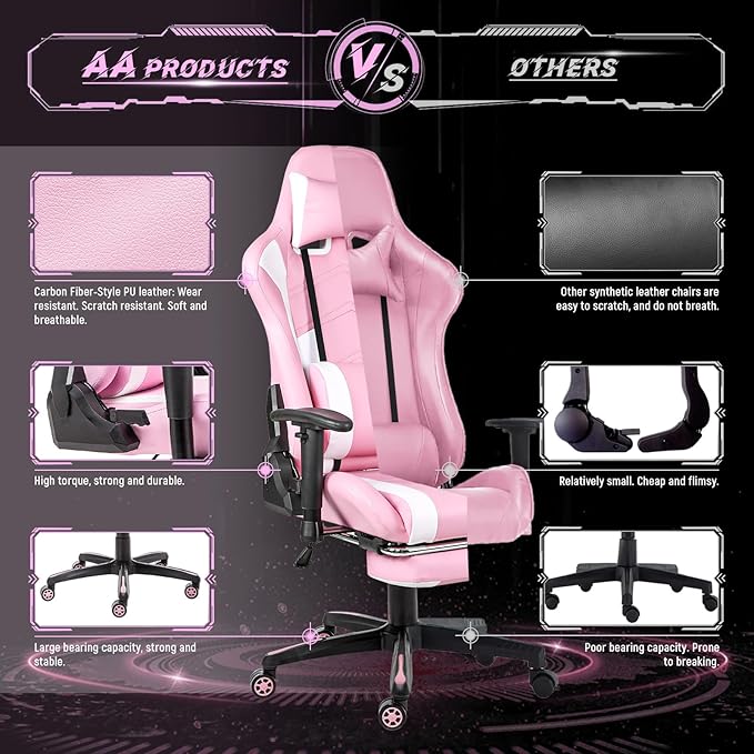 AA Products Gaming Chair Ergonomic High Back Computer Racing Chair Adjustable Office Chair with Footrest Lumbar Support Swivel Chair - WhitePink