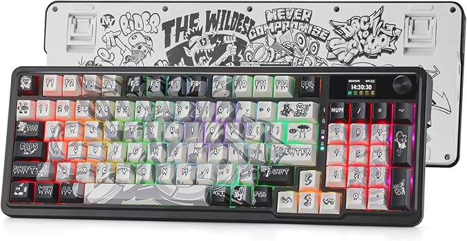 Redragon K719 PRO Wireless Gasket Gaming Keyboard w/Hype Screen &amp Knob 95 Keys Mechanical Keyboard Easy-Control 1.14’’ TFT Info Display 5-Layer Noise Dampening Street Graffiti Dye-Sub PBT Keyc