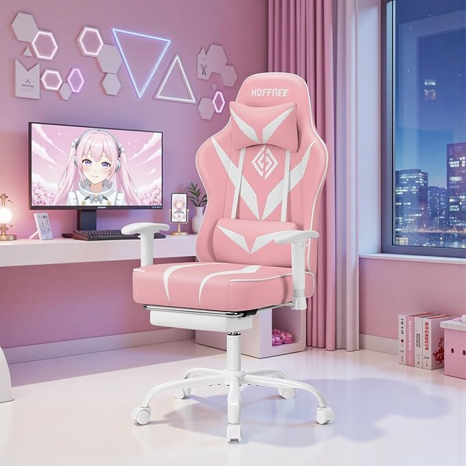 HOFFREE Massage Gaming Chair with Pocket Spring Cushion 155° Reclining Computer Gamer Chair with Footrest and Adjustable Armrests Ergonomic Video Game Chairs Pink and White