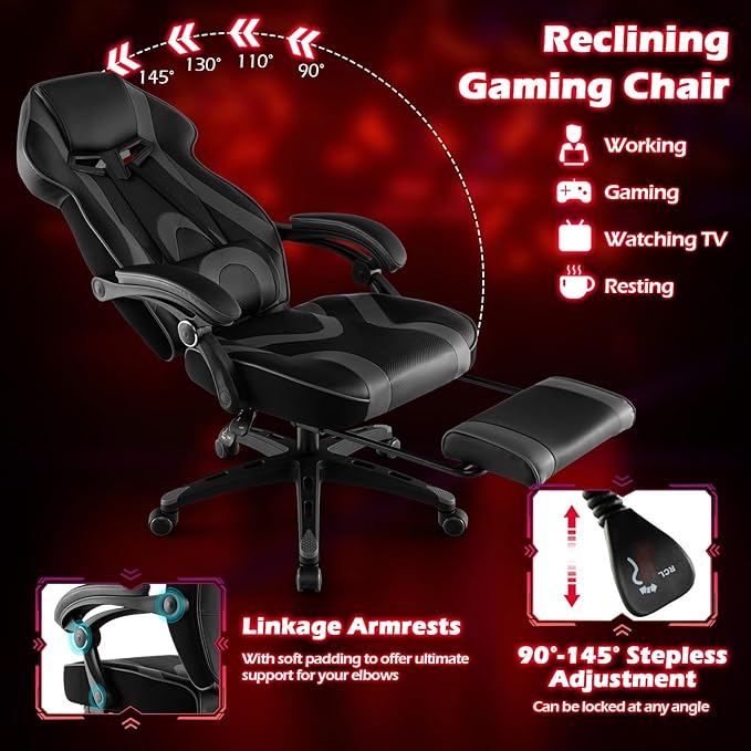 Giantex Gaming Chair with Footrest for Adults Reclining Video Game Chair w/Lumbar Support Racing Style Ergonomic Office Computer Chair Height Adjustable Swivel Gamer Chair for Gaming (Grey)