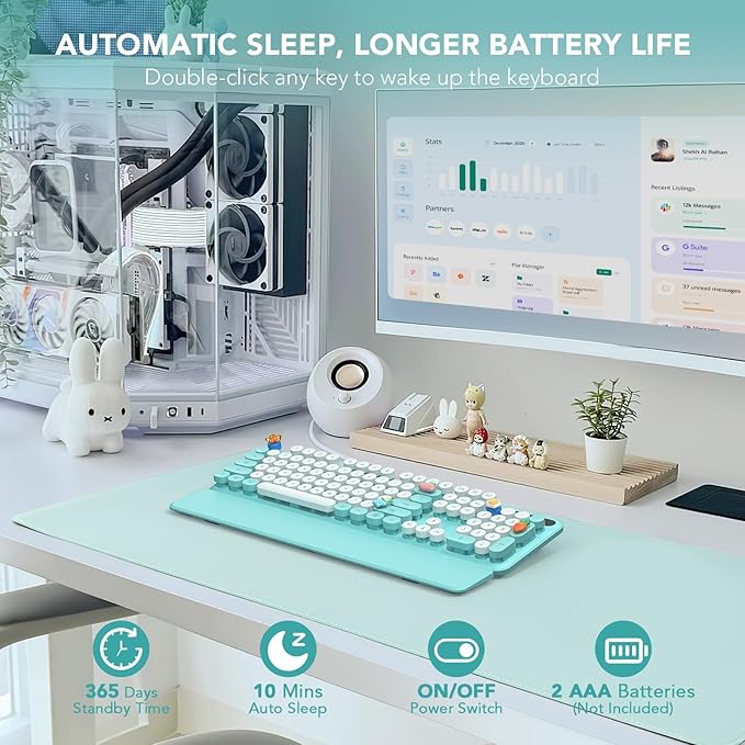 Wireless Keyboard Round Keycaps Retro Typewriter Keyboard with Detachable Wrist Rest Sleep Mode Foldable Legs 2.4GHz Full-Size Cordless Computer Keyboard for Windows/PC/Laptop (Tiffany Blue)