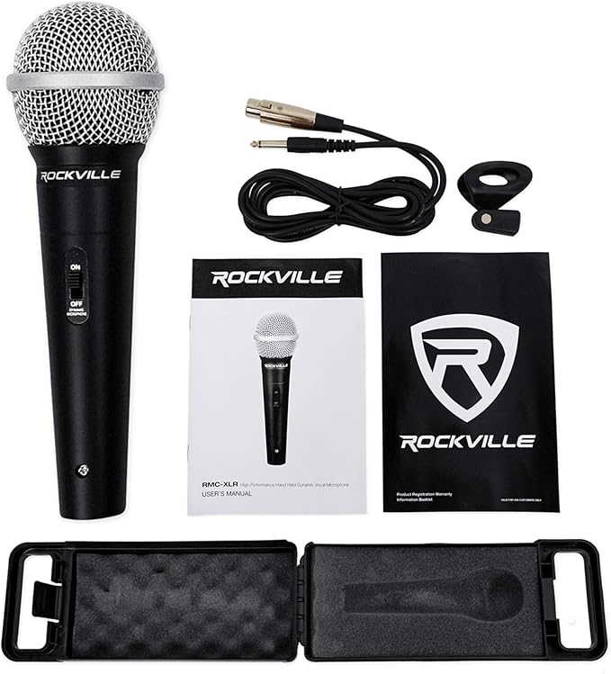 Rockville RMM-XLR Super Cardioid Dynamic Microphone 600 Ohm Metal Body On/Off Switch 10ft XLR Cable Black Finish for Live Performances and Vocals 4-Piece