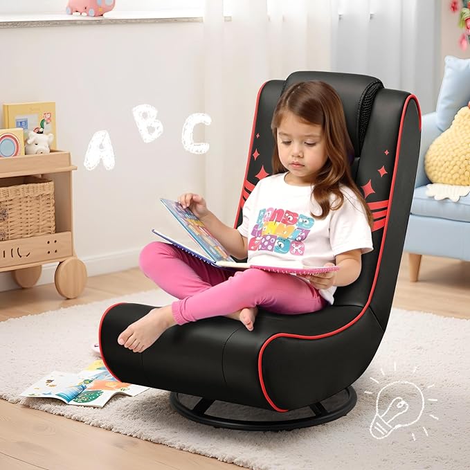 GTPLAYER Floor Gaming Chair Foldable Swivel Floor Chairs for Kids Boys Comfy Video Game Seat with 360° Multipurpose for Gamers Bedroom or Game Room (Black-Red)