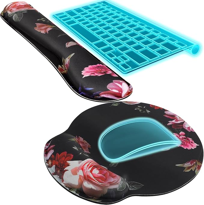 KTRIO Ergonomic Keyboard Wrist Rest Memory Foam Mouse Pad with Wrist Rest for Computer Keyboard Mouse Pad Set for Easy Typing &amp Pain Relief for Office &amp Home Peony Flower