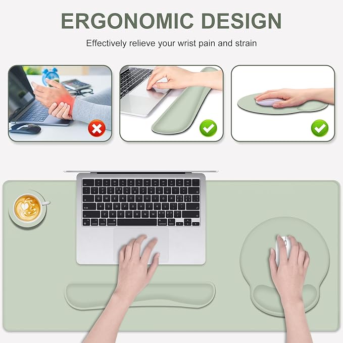 4 PCS Mouse Pad Desk Mat Protector Keyboard Wrist Rest + Comfortable Mouse Pad with Wrist Rest +Coaster Large Gaming Mousepad for Computer Laptop 35.4X 15.7 Deskpad for Office Home I Bean Green
