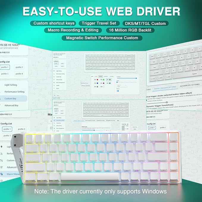 AULA WIN68 HE Mechanical Gaming Keyboard 60% Hall Effect Magnetic Switch Fast Trigger Mode Adjustable Actuation 8000Hz Polling Rate RGB Backlit Wired White Keyboard for Laptop/PC Gamer