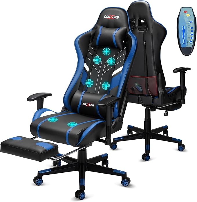 Douxlife 7-Point Massage Gaming Chair with Footrest 400lbs Heavy Duty Ergonomic Computer Chair 175° Reclining High Back Racing Seat for Adults with Adjustable Armrests &amp Lumbar Support Blue