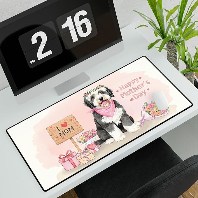 Happy Mother's Day Old English Sheepdog Love Dog Mom Heart Flower Desk Mat Full Keyboard Mouse Pad Dog Lover Large Mousepad 12004