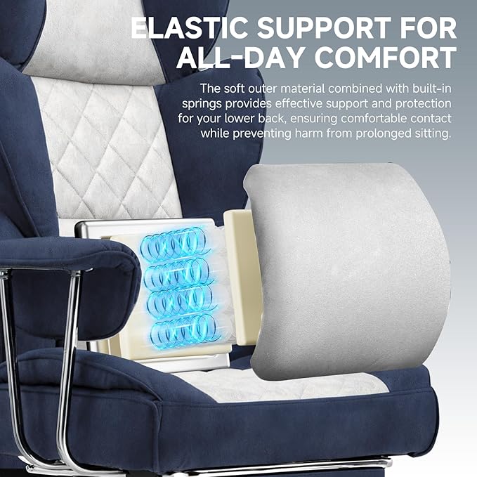 GTPLAYER Gaming ChairOffice Chair with Pocket Spring Lumbar Support Ergonomic Comfortable Wide Office Desk Computer Chair with Outward Fixed Soft Armrests and Footrest (Fabric Dark Blue &amp White