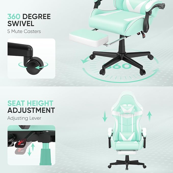 Huracan Gaming Computer Chair with Footrest Adjustable Video Game Chairs for Adults Heavy Duty Office Chair with Headrest and Lumbar Support Light Green