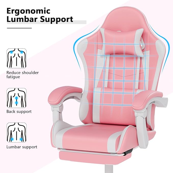 Gaming Chair with Headrest and Lumbar Support Ergonomic High Back Office Chair Racing Style Executive Computer Desk Chair Leather Adjustable Swivel Task Chair for Home Office (Pink White)