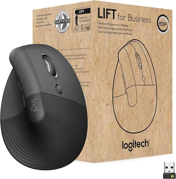 Logitech Lift for Business Vertical Ergonomic Mouse Wireless Bluetooth or Secured Logi Bolt USB Quiet clicks Globally Certified Windows/Mac/Chrome/Linux - Graphite
