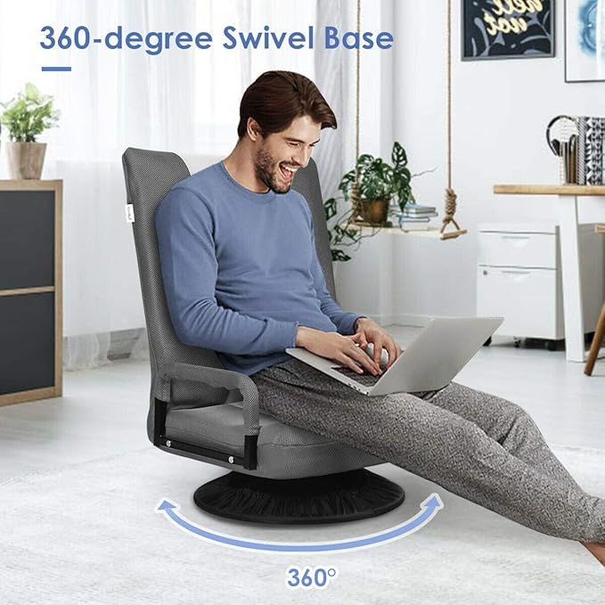 DORTALA 360 Degree Swivel Gaming Floor Chair 6-Position Adjustable Folding Floor Chair Comfortable Padded Backrest Lazy Sofa Chair Game Rocker for Teens Adults Gray