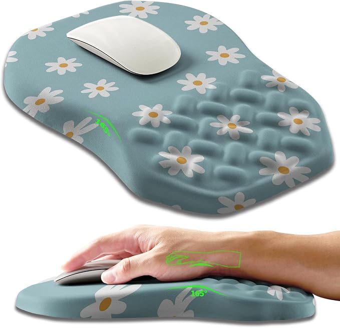 Ergonomic Slope Mouse Pad Wrist Support Wrist Rest Mousepad for Carpal Tunnel Pain Relief with Massage Bulge and Slow Rebound Memory Foam (12x8 inch White Flowers)