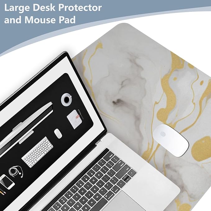 Mouse Pad Desk Mat Leather Desk Pad Large Gaming Desk Cover Protector Mat for Keyboard Computer Laptop Office Waterproof 35.4 x 16.5 Inch Marble White and Luxury Gold