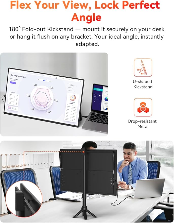 HotYeah 23.8 100Hz Portable Monitor 1080P FHD 100% sRGB IPS USB-C HDMI Large External Monitor Home Gaming 2nd Screen w/180° Adjustable Kickstand for MacBook Laptop PC Phone Tablet Switch PS5