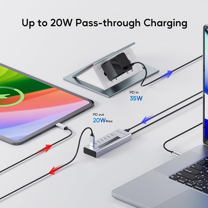 Powered USB C Hub PULWTOP 7 in 1 USB C Hub Support Data 10Gbps &amp Charging(Not Support Video) USB C Powered Hub 10Gbps Ports for iMac MacBook Pro/Air iPad XPS USB Hub with 35W PD Power Adapte