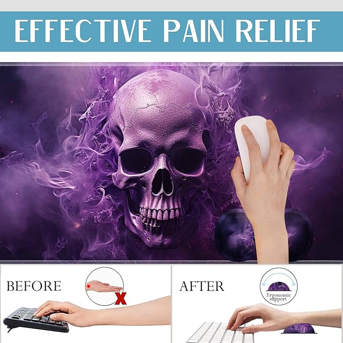 Mouse Pad Set Large Gaming Mouse Pad (31.5X 11.8 inches)+ Wrist Rest Pad + Coaster Ergonomic Wrist pad Home Office Desk Accessories Decor Supplies Smoke Skull