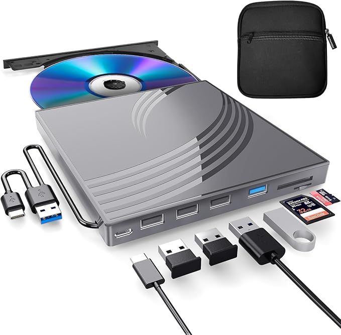 External CD/DVD Drive for Laptop Ultra Slim CD Burner USB 3.0 Hub with 4 USB Ports 2 TF/SD Card Slots 1 Type-C Port Laptop DVD Player with Case(Gray)
