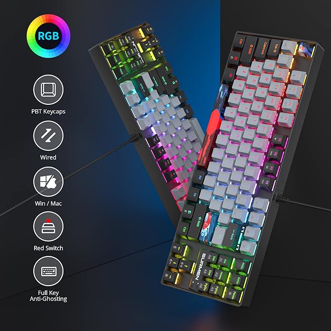 Owpkeenthy 75% Mechanical Gaming Keyboard with Red Switch RGB Backlit Keyboard 87 Keys Compact TKL Wired Computer Keyboards for Laptop PC Gamer Xbox PS (Grey/ 87 Red Switch)