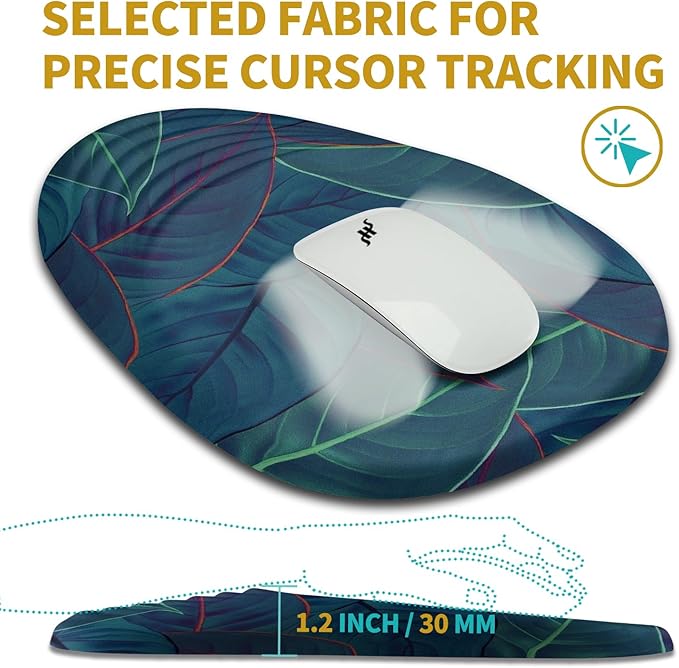 Hokafenle Ergonomic Mouse Pad Wrist Support with Stepped-Wedge Design Wrist Rest Pain Relief Mousepad Filled with Memory Foam Carpal Tunnel Mousepad for Wireless Mouse(12x8 inch Green Leaves)