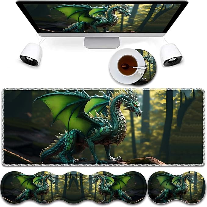 4 in 1 Mouse Pad Combo Large Gaming Mouse Pad + Keyboard Wrist Support + Mouse Wrist Rest + Coaster Table Pad 31.5 x 11.8 with Memory Foam Ergonomic Wrist Pad Set Forest Green Dragon
