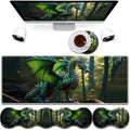 4 in 1 Mouse Pad Combo Large Gaming Mouse Pad + Keyboard Wrist Support + Mouse Wrist Rest + Coaster Table Pad 31.5 x 11.8 with Memory Foam Ergonomic Wrist Pad Set Forest Green Dragon