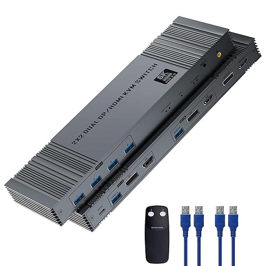 8K@60Hz HDMI+DP KVM Switch with 4-Port USB 3.0 Hub Dual HDMI Monitor KVM Switch for 2 Computers Supports Extended/Copy Mode Keyboard &amp Mouse Sharing Includes USB Cables &amp Remote Controller