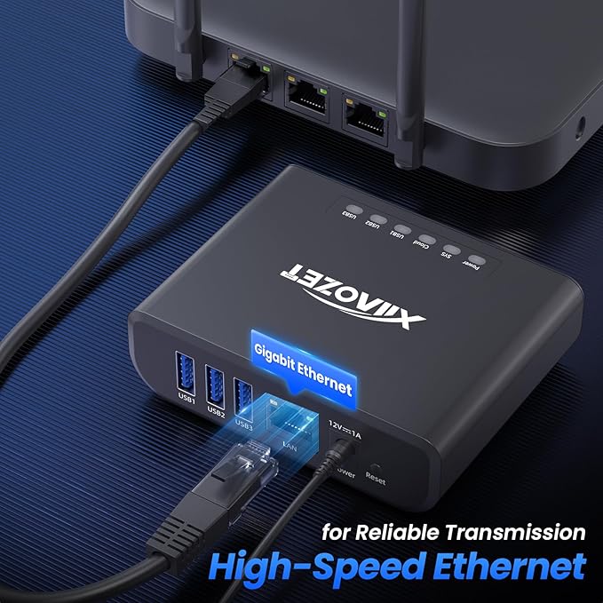 LK301E Gigabit USB Device Server - 3-Port USB Over IP Sharing Hub for LAN Gigabit Ethernet USB Server Compatible with Printers Scanners Dongles