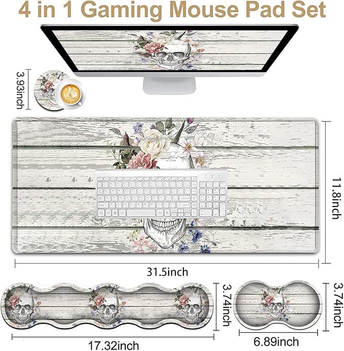 JVGFYNKL White Large Gaming Mouse Pad XXL Extended Ergonomic Memory Foam Keyboard Wrist Rest Stitched Edges Desk Mat(31.5x11.8 in) Skull Skeleton with Flowers on Vintage Wood Desktop Decoration