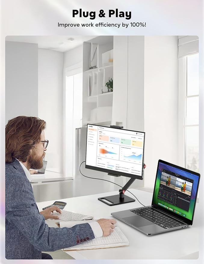 15.6” Portable Monitor with Adjustable Stand 1080P FHD IPS Screen Extender USB-C/HDMI Port Ultra Slim Travel Monitor with Eye Protection Plug and Play for Laptop/PC/Mac/Android/Switch/PS5