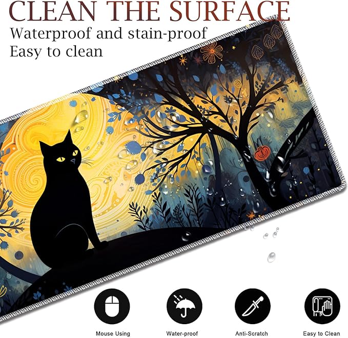 Large Gaming Table Pad 31.5 x 11.8 + Keyboard Wrist Pad + Mouse Wrist Pad + Coaster Non-Slip Base 4-in-1 Set Ergonomic Memory Foam Easy Typing Pain Relief Sky Cat
