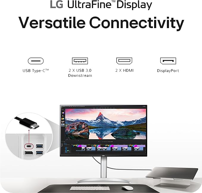 LG 32UP83AK-W 32-inch Ultrafine 4K UHD (3840 x 2160) IPS Computer Monitor 60Hz HDR10 Built-in Speaker Reader Mode HDMI DisplayPort USB Type-C 60W PD Tilt/Height/Pivot Adjustable Stand White