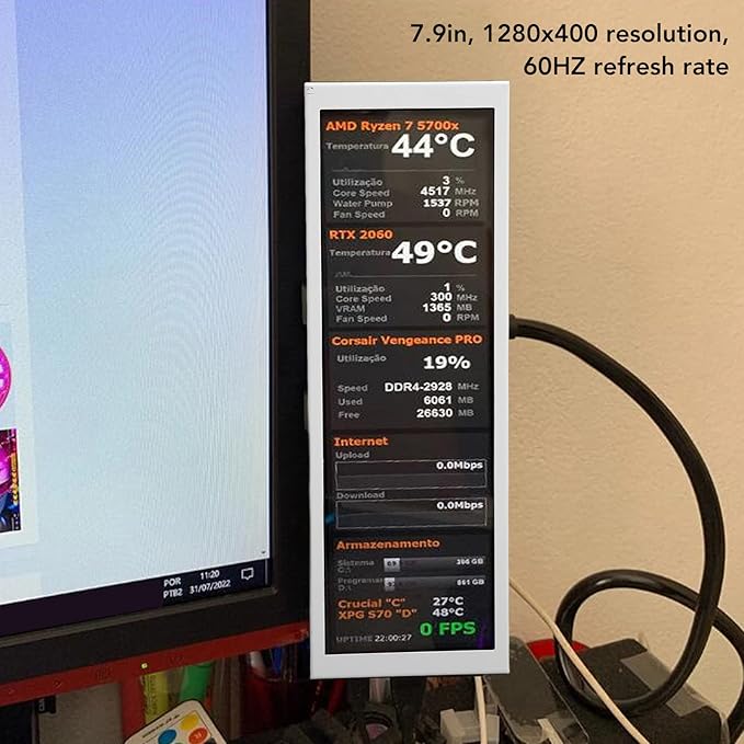 7.9 Inch CPU Hardware Temperature Monitor External Expansion Display CPU GPU SSD Data Temperature Monitor Panel for PC ARGB Computer Case Secondary Screen