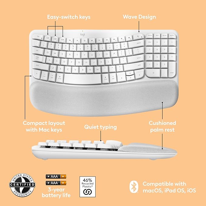 Logitech Wave Keys for Mac Wireless Ergonomic Keyboard with Cushioned Palm Rest Comfortable Natural Typing Bluetooth Keyboard Easy-Switch Optimized for Mac Apple iPad - Off White