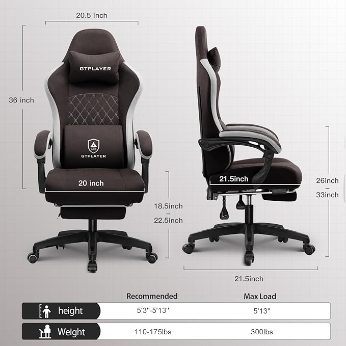 GTPLAYER Gaming Chair with Footrest Fabric Office Chair with Pocket Spring Cushion and Linkage Armrests High Back Ergonomic Computer Chair with Lumbar Support Task Chair Brown