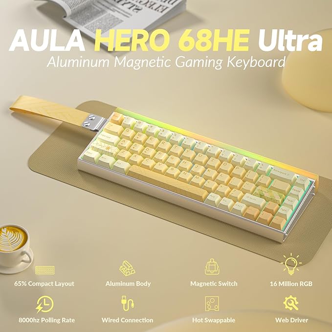 AULA Hero 68 HE Ultra - Wired Gaming Keyboard with Hall Effect Magnetic Switch CNC Aluminum Frame 8KHz Polling Rate RGB Box &amp Backlight Adjustable Actuation 65% Compact Small Gamer Keyboards