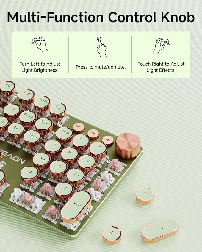 EWEADN Typewriter Style Mechanical Keyboard Wired Typewriter Keyboards104 Keys Backlit LED Metal Keyboards Media Control Knob Wired Computer Keyboard Pink Switch for Windows/Mac/PC-Green